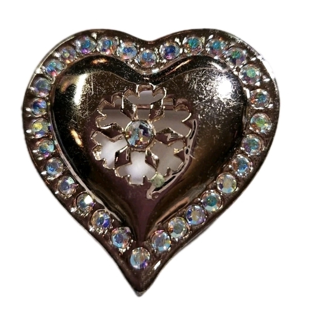 Gold Tone Heart Aurora Borealis Brooch Pin Snowflake Cut Out Center